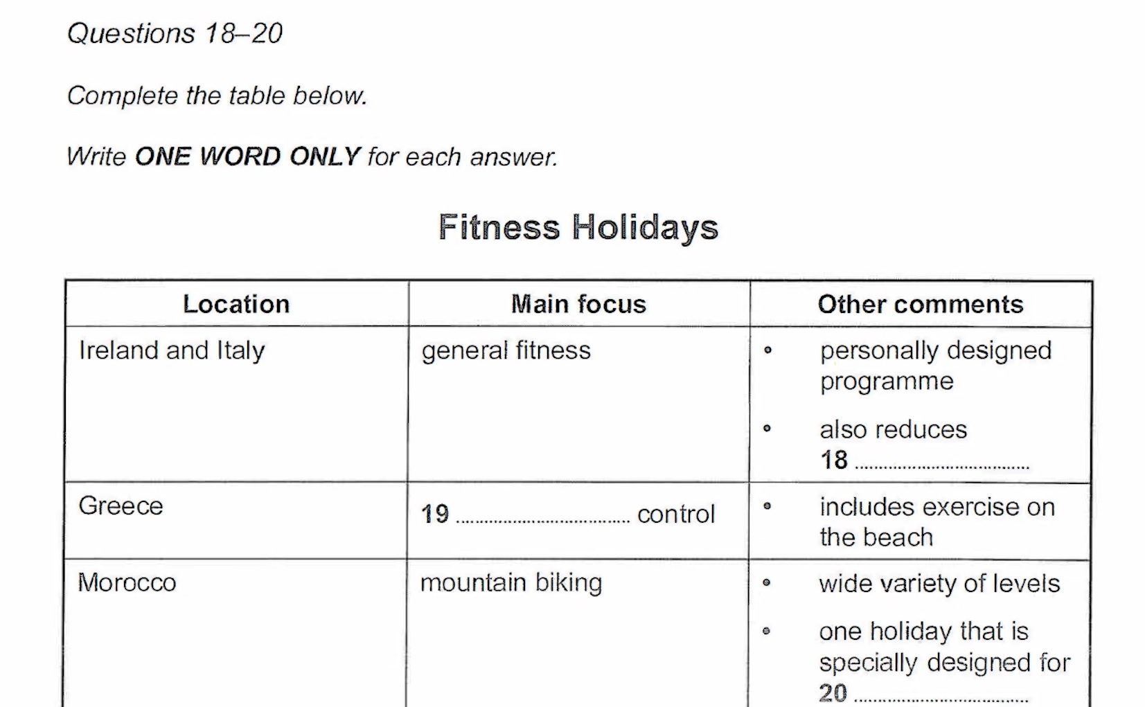 Table Completion - Book 12A Test 7 Part 2 - Fitness Holidays Part 1