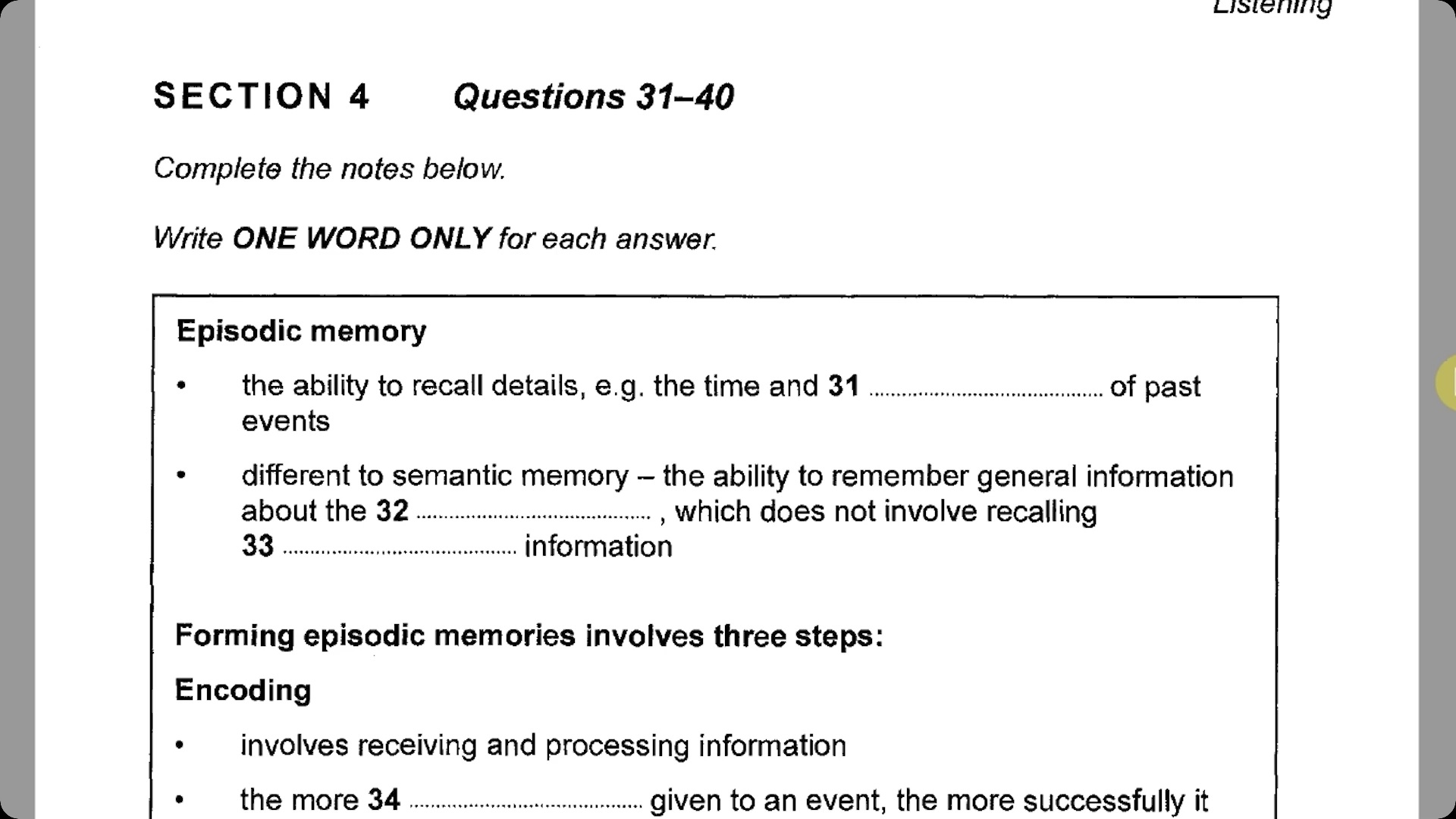 Note Completion - Book 13A Test 2 Part 4 - Memory Part 3
